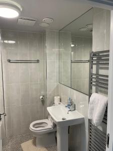 uma casa de banho com um WC, um lavatório e um espelho. em 3 bed house with parking near airport em Edimburgo