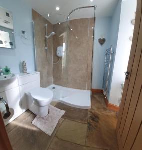 a bathroom with a shower and a toilet and a sink at Strathken Cottage in Castle Douglas
