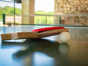 een tennisracket en een bal op een tafel bij Maison Girou Haut in Montcabrier