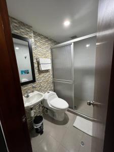 W łazience znajduje się prysznic, toaleta i umywalka. w obiekcie Hotel Tempus w mieście Pasto