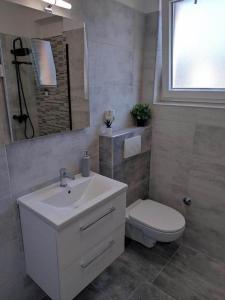a bathroom with a sink and a toilet and a window at Apartments by the sea Tkon, Pasman - 21391 in Tkon