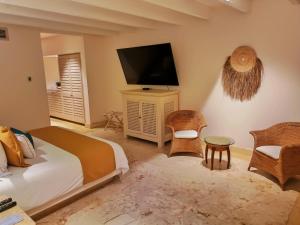 a bedroom with a bed and a flat screen tv at Hotel Tres Vidas Acapulco in Barra Vieja