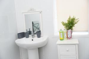 a white bathroom with a sink and a mirror at Shortridge Terrace - 1 in Jesmond