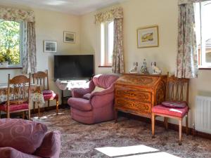 uma sala de estar com uma cadeira e uma televisão em Rose Rigg Cottage em Kirklinton