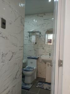 a bathroom with a toilet and a sink at Hostal Magisterial Santo Domingo in Santo Domingo