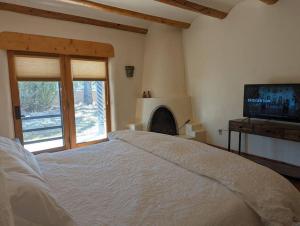 um quarto com uma cama, uma televisão e uma lareira em Adorable Adobe Taos - excellent location between ski valley and town! em El Prado