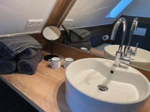 La salle de bains est pourvue d'un lavabo et d'un miroir. dans l'établissement FeWo am Fusse der Landeskrone mit Sauna, à Görlitz