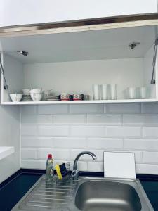 a kitchen with a sink and a shelf with dishes at Apartment in Tumanyan street in Yerevan
