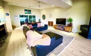 a living room with a blue couch and a tv at Shore Bird On Moreton in Tangalooma