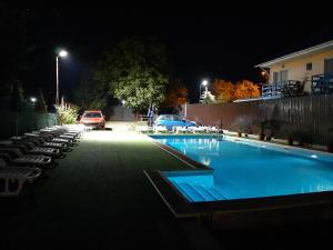コスティネシュティにあるVila Andraの- 夜間のスイミングプール(椅子、車を駐車)