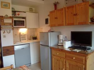 a kitchen with a refrigerator and a tv on a counter at Appartement Crest-Voland, 1 pièce, 4 personnes - FR-1-733-113 in Crest-Voland
