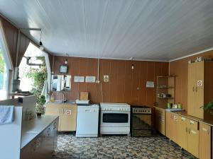 a kitchen with a stove and a microwave in it at Vila Andra in Costinesti