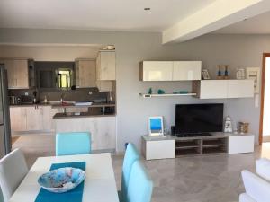 a kitchen and living room with a table and a television at Luxury Villa by the Sea in Volos