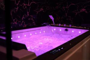 eine lila Badewanne mit einem Springbrunnen darin in der Unterkunft Pavillon en loft 87 M 10e, jacuzzi in Marseille