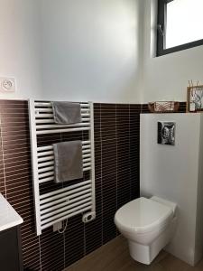 een badkamer met een toilet en een zwart betegelde muur bij Studio - Le Clos du fond cailloux in Longuenesse