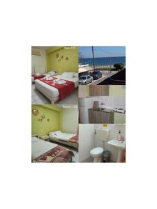 a collage of four pictures of a hotel room at Rooms Anastasia Paralia in Katerini