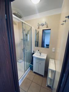 a bathroom with a shower and a sink and a mirror at Słoneczny apartament nad zatoką in Gdańsk