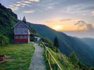 a house on the side of a hill with a path at Chimney Farmstay in Kurseong