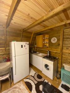 eine Küche mit einem Kühlschrank und einer Waschmaschine in der Unterkunft Şehre yakın doğa içinde Bungalov 