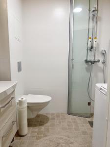 uma casa de banho com um WC e uma cabina de duche em vidro. em Cozy apartment with free parking em Espoo