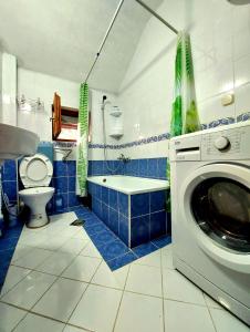 une salle de bains bleue et blanche avec un lave-linge. dans l'établissement Holiday Home Mirza, à Sarajevo