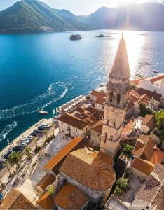 an aerial view of a town next to the water at Conte Hotel & Restaurant in Perast