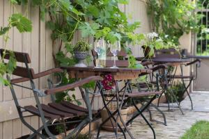 - une table avec des chaises et des plantes sur la terrasse dans l'établissement Kúria Apartman Budapest with free parking, à Budapest