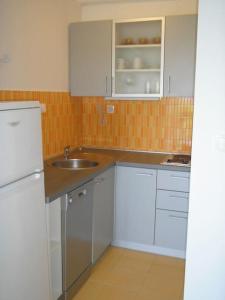eine Küche mit weißen Schränken und einem Waschbecken in der Unterkunft DORIS PUNTA SKALA, 2 BEDROOMS in Petrcane