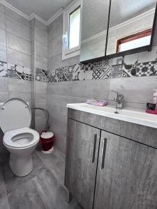 La salle de bains est pourvue de toilettes et d'un lavabo. dans l'établissement Maria's maisonette Nea Iraklitsa, à Nea Iraklitsa
