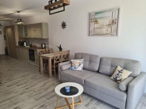 ein Wohnzimmer mit Sofa und Tisch in der Unterkunft Łebskie Zacisze - apartamenty Łebska Ostoja- Piaskowa in Żarnowska