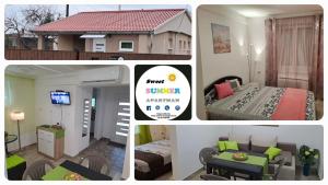 a collage of four pictures of a room at Sweet Summer Apartman Zsory in Mezőkövesd