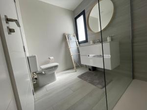 a bathroom with a toilet and a mirror at Guiri Casilla de Costa Villaverde in Villaverde