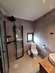 a bathroom with a toilet and a shower and a sink at Friends & Family Apartment at Hafjell Alpinlandsby/Øyer Center in Hafjell +37 photos