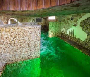 Baño submarino con agua verde y lavabo en Hotel Vécsecity Superior, en Hernádvécse