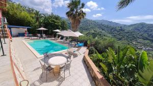 uma piscina com mesa e cadeiras e uma palmeira em Alcantara Natura Country House em Graniti