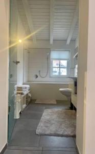 een badkamer met een wastafel, een toilet en een raam bij Wunderschöne Stadtwohnung in Würzburg