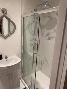 a bathroom with a shower and a sink at Ballea Farmhouse in Cork