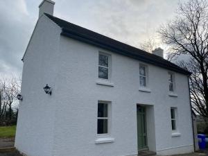 a white house with a green door at Ballea Farmhouse in Cork