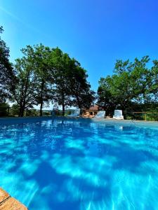uma piscina de água azul com árvores ao fundo em Villa Cresci con piscina em Sassetta