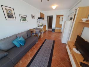 a living room with a couch and a kitchen at Apartment Leo in Baška