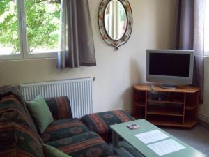 salon z kanapą i telewizorem w obiekcie La Riviere Lune w mieście Belvianes-et-Cavirac