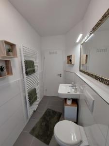 a white bathroom with a toilet and a sink at Gemütliche Familienwohnung in der Nähe des Nordparks und des Norparkcenters! in Bielefeld