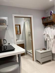 a bathroom with a shower and a white counter top at Malkin Wood Studio - 15 min walk to Holmfirth centre in Holmfirth