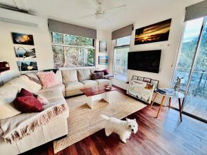 uma sala de estar com um sofá e um cão em Sunrise on Falie Seaview Eco Accommodation em American River