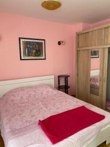 a bedroom with pink walls and a bed with a red blanket at Guest House Trajkovic in Jagodina