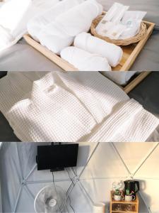 a collage of two pictures of a bed with towels at Style Paidoi Resort in Ban Pa Yang (3)