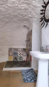 y baño con lavabo y ducha. en Cueva Rural El Sendero, en Pegalajar