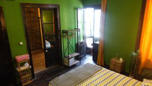 a bedroom with green walls and a bed and a door at Titan House Hostel in İzmir