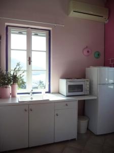 a kitchen with a white refrigerator and a microwave at Vlichos Studio Apartment in Hydra