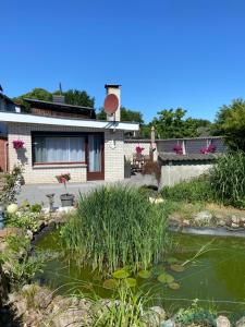 a garden with a pond in front of a house at Ferienhaus bei Engel in Ahrensbök